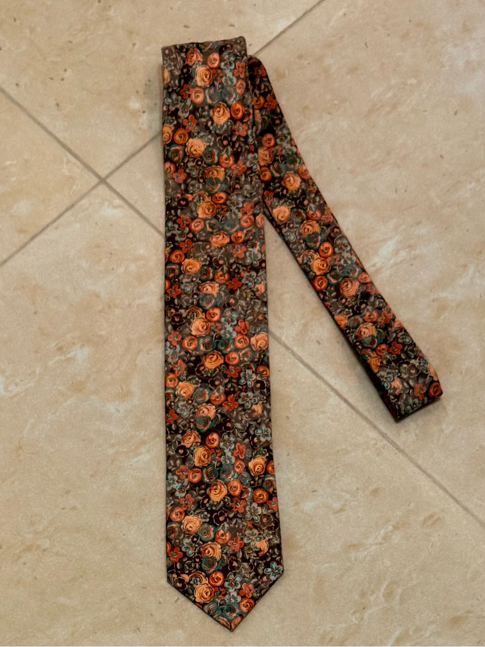 Perry Ellis Portfolio Floral Men's Tie — Brown with Orange & Teal Accents